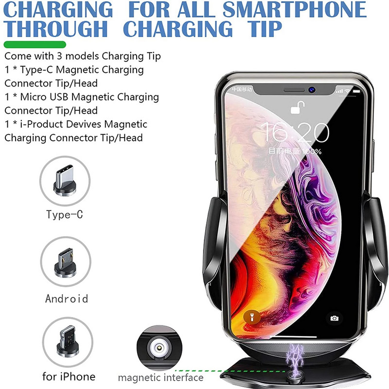 Automatinio prispaudimo 15 W automobilinis belaidis įkroviklis skirtas iPhone 13 12 11 XS XR X 8 Samsung S20 S21 magnetinis USB įkrovimo telefono laikiklis