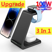 100 W 3 viename belaidžio įkroviklio stovas skirtas Apple Watch 8 7 AirPods iPhone 14 13 12 11 XS X 8 indukcinio greito įkrovimo doko stočiai