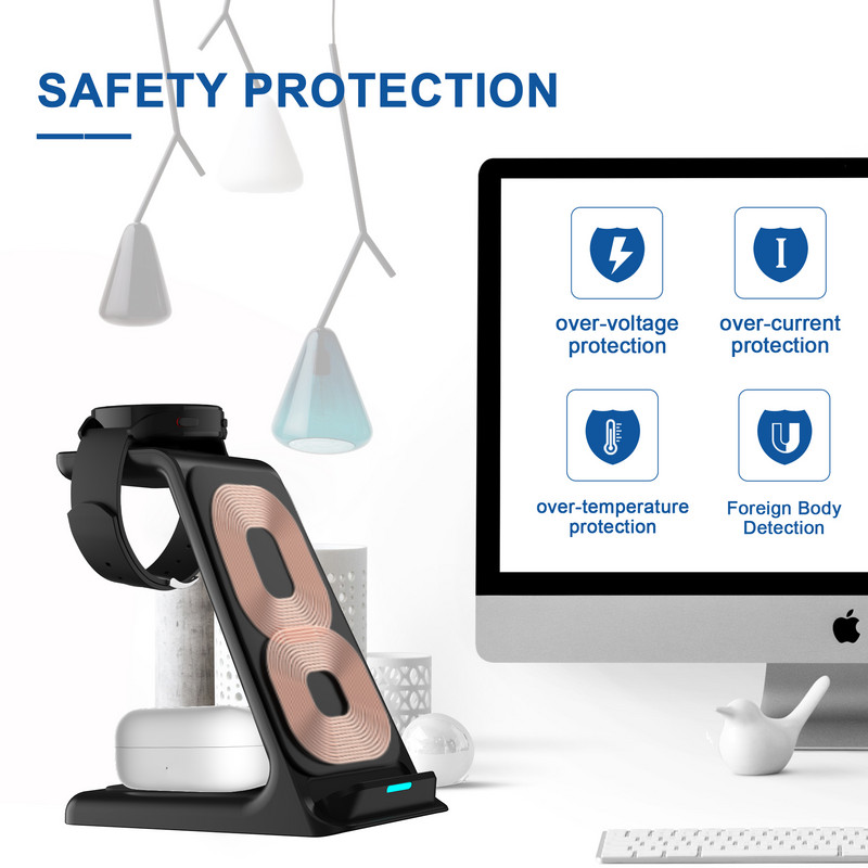 3 viename indukcinis Qi belaidis įkroviklis greito įkrovimo laikiklis skirtas iPhone 14 13 12Pro Samsung Galaxy Watch 5 Apple iWatch įkrovikliui