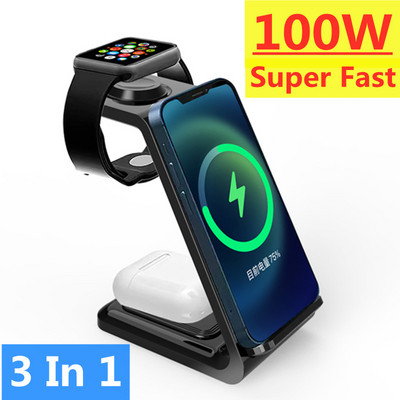 100 W 3 в 1 безжична зарядна стойка за докинг станция за Apple Watch 8 7 AirPods iPhone 14 13 12 11 XS X 8 Индукционна станция за бързо зареждане
