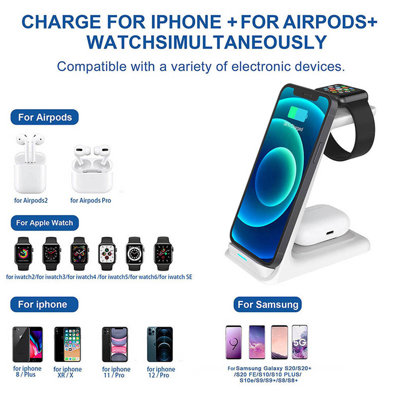 20 W Qi belaidžio įkroviklio stovas skirtas iPhone 14 13 12 11 XR 8 Apple Watch 3 viename įkrovimo doko stotis, skirta Airpods Pro iWatch 7