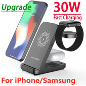 3 in 1 30 W belaidžio įkroviklio stovas, skirtas iPhone 14 13 12 11 Samsung S21 S20 Galaxy Watch 4 Active 1/2 greito įkrovimo doko stotelė