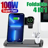 100 W Qi kiire juhtmevaba laadija alus iPhone'ile 14 13 11 12 Apple Watch 4-ühes kokkupandav laadimisjaam Airpods 3 Pro iWatchi jaoks