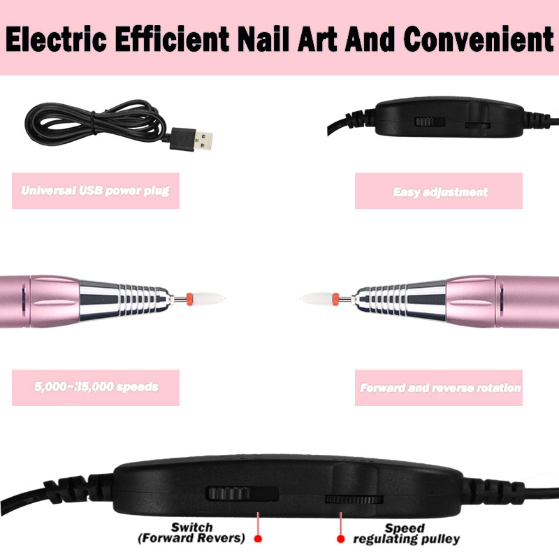 Nagų gręžimo mašina 35000 RPM Elektrinė manikiūro mašina USB nešiojamas nagų gręžimo rašiklis manikiūro gelio frezavimui nagų salono įrankių rinkinys