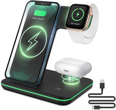 3 viename belaidžių įkroviklių stovas skirtas iPhone 14 13 12 11 XS XR X 8 20W greito įkrovimo stotelė, skirta Apple Watch 7 6 AirPods Pro iWatch
