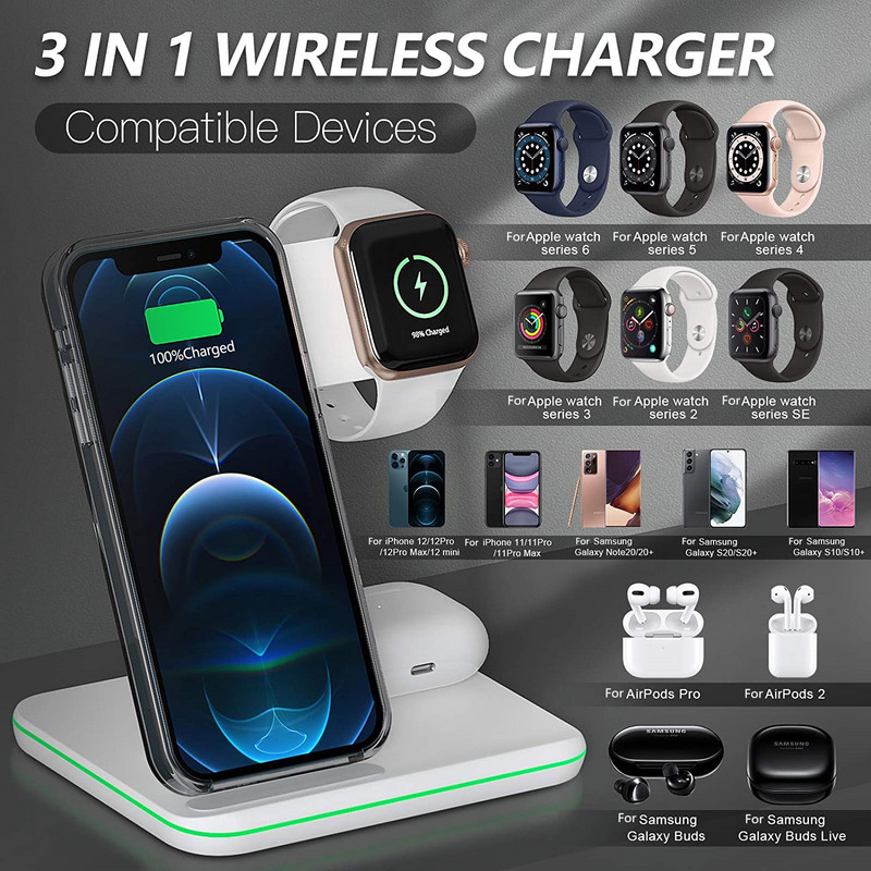 3 viename belaidžių įkroviklių stovas skirtas iPhone 14 13 12 11 XS XR X 8 20W greito įkrovimo stotelė, skirta Apple Watch 7 6 AirPods Pro iWatch