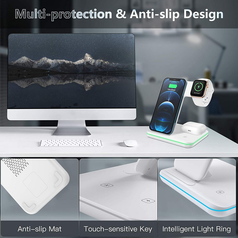 3 viename belaidžių įkroviklių stovas skirtas iPhone 14 13 12 11 XS XR X 8 20W greito įkrovimo stotelė, skirta Apple Watch 7 6 AirPods Pro iWatch