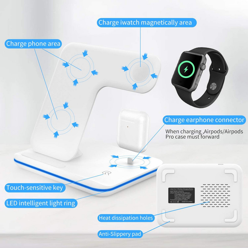 Suport de încărcare fără fir 15W 3 în 1 pentru iPhone 14 13 12 11 XS XR 8 Stație de andocare de încărcare rapidă pentru Apple Watch 8 7 6 5 Airpods Pro