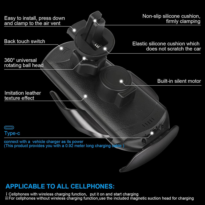 30 W automobilinis belaidis įkroviklis, automatinis indukcinis greito įkrovimo oro ventiliacinis telefono laikiklis skirtas iPhone 14 13 12 11 XS XR 8 Samsung S21 S20
