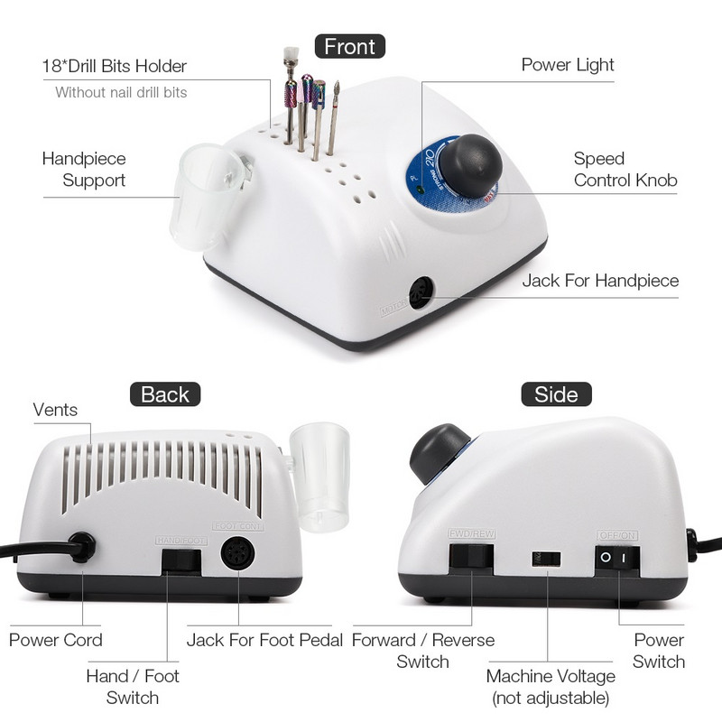 35000 RPM nagų gręžimo mašina Stipri 210 105L 65W manikiūro pedikiūro nagų gelio poliravimo įtaisas Stiprus šlifavimo nagų grąžtų rinkinys