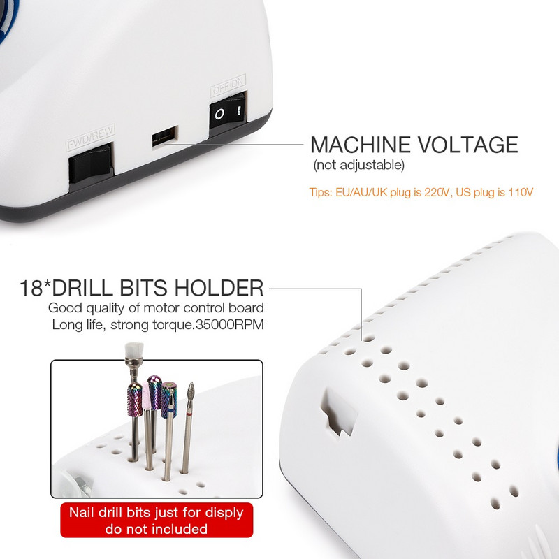 35000 RPM nagų gręžimo mašina Stipri 210 105L 65W manikiūro pedikiūro nagų gelio poliravimo įtaisas Stiprus šlifavimo nagų grąžtų rinkinys