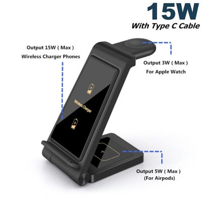 30W 3in1 belaidis įkroviklis Sulankstomas stovas greito įkrovimo padėklo stotelė, skirta iPhone 14 13 12 11 X 8 Apple Watch 8 7 Airpods 3 Pro