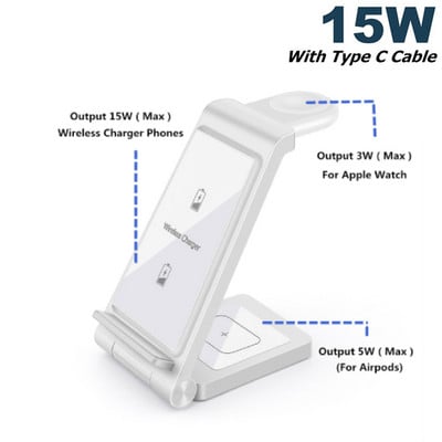 30W 3in1 belaidis įkroviklis Sulankstomas stovas greito įkrovimo padėklo stotelė, skirta iPhone 14 13 12 11 X 8 Apple Watch 8 7 Airpods 3 Pro