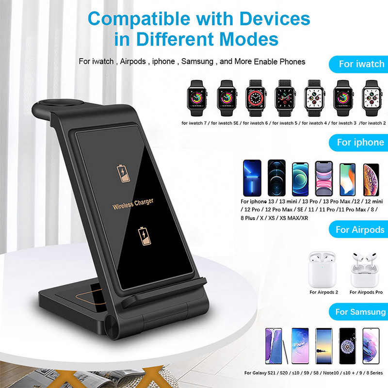 Suport de încărcare fără fir 30W pentru Apple Watch 8 6 SE 5 Airpods Pro 3 ÎN 1 Stație de andocare de încărcare rapidă pentru iPhone 14 13 12 11 XR X 8