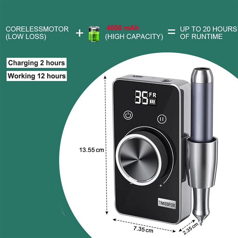 Elektrinis gręžtuvas 35000 RPM įkraunamas nagų grąžtas 4000 mAh akumuliatorinis nagų šlifuoklis pedikiūrui manikiūrui Profesionali nagų tekinimo staklės