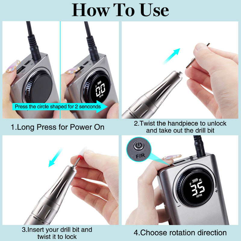 Bušilica za nokte 35000 RPM punjiva mašina za geliranje noktiju za mašinu za manikuru Električna bušilica za nokte s punim LCD zaslonom