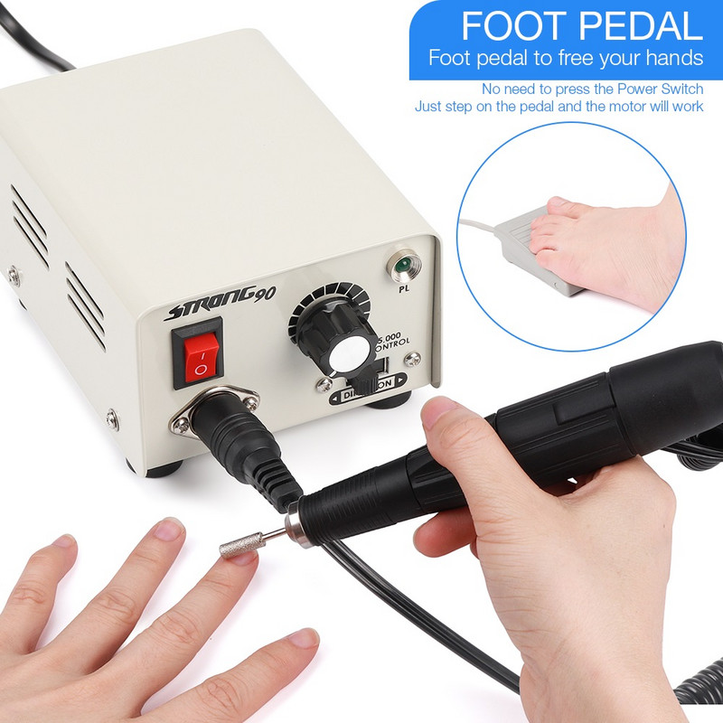 Erős 90 65W 35000RPM Professzionális elektromos körömdíszítő fúrógép rozsdamentes acél pedikűr körömpolírozó manikűr gép