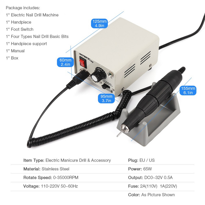 Erős 90 65W 35000RPM Professzionális elektromos körömdíszítő fúrógép rozsdamentes acél pedikűr körömpolírozó manikűr gép