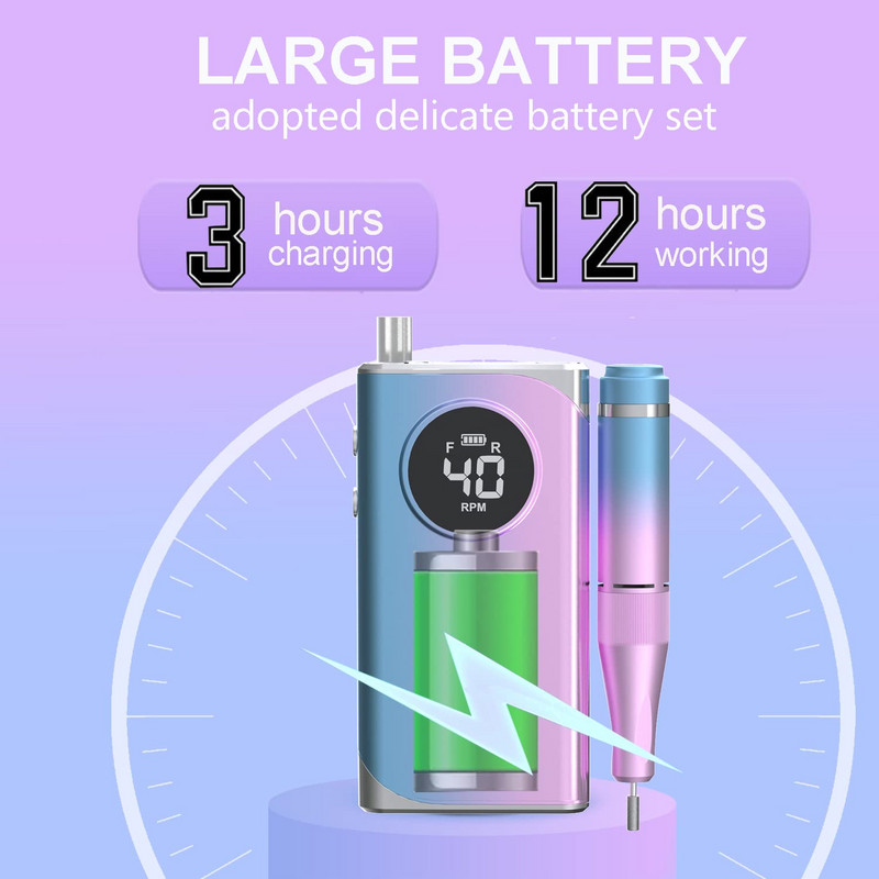 35000/40000 RPM elektrinė nagų gręžimo mašina manikiūrui profesionali nagų tekinimo staklės su LCD ekranu įkraunamu nagų salono įrankiu