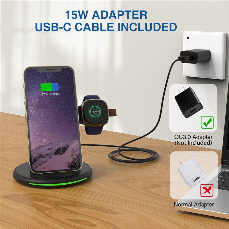 Bezdrôtová rýchla nabíjačka 3 v 1 pre iPhone a Samsung, rýchlonabíjačka Fitbit pre hodinky Fitbit Sense/Versa 3 a Airpods