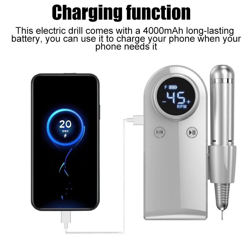 45000 RPM įkraunamas elektrinis nagų gręžimo manikiūro aparatas Profesionalus nagų gręžimo įrankis nagų šlifuoklio salono poliravimo įranga