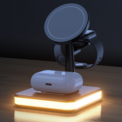 4 в 1 Безжична станция за зареждане Зарядно LED нощна лампа за iPhone 12 13 Airpods 2 3 Pro iWatch Съвместим с калъф Magsafe