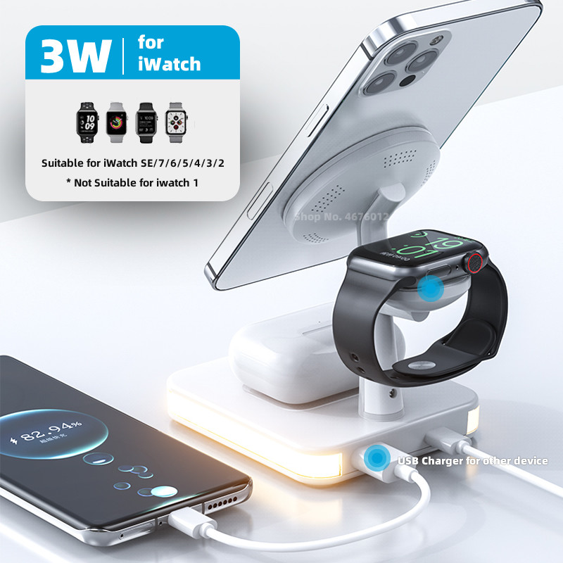 4 vienā bezvadu uzlādes stacijas lādētājs LED nakts gaisma iPhone 12 13 Airpods 2 3 Pro iWatch saderīga ar Magsafe korpusu