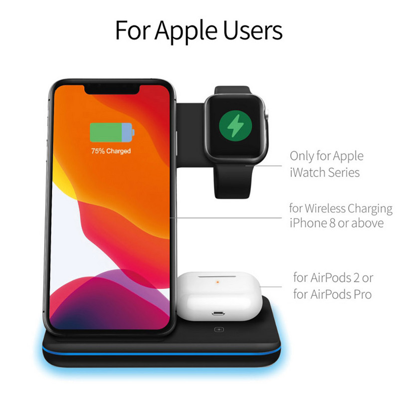 15 W greito belaidžio įkroviklio stovas, skirtas iPhone 14 13 12 11 X 8 Apple Watch 7 6 5 3 in 1 įkrovimo stotelė, skirta Airpods Pro iWatch