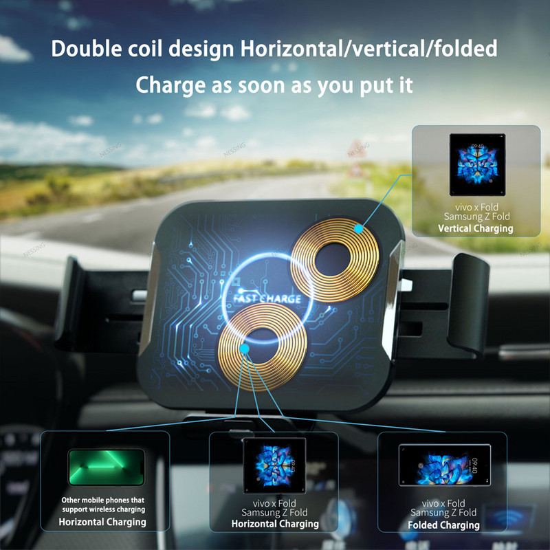 Stalak za bežični punjač za automobil sa automatskim stezanjem za Samsung Galaxy Z Fold 3 4 vivo X fold iPhone 13Max Držač telefona za montiranje na otvor za ventilaciju