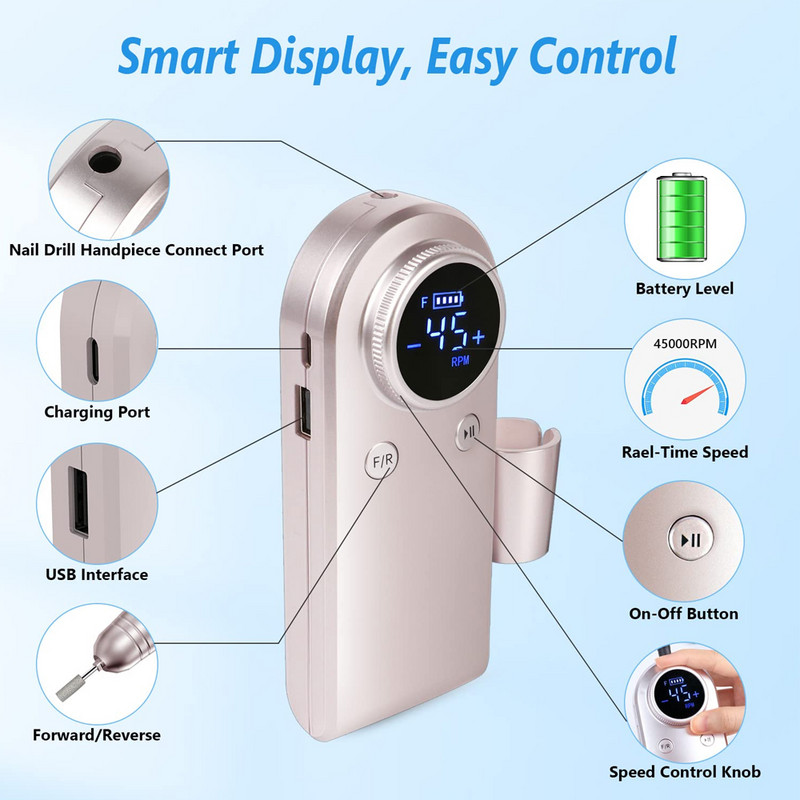 Elektromos körömfúró újratölthető 45000 fordulat/perc körömszűrő gép LCD kijelzővel 2 fordulattal akril köröm zselé manikűrhöz