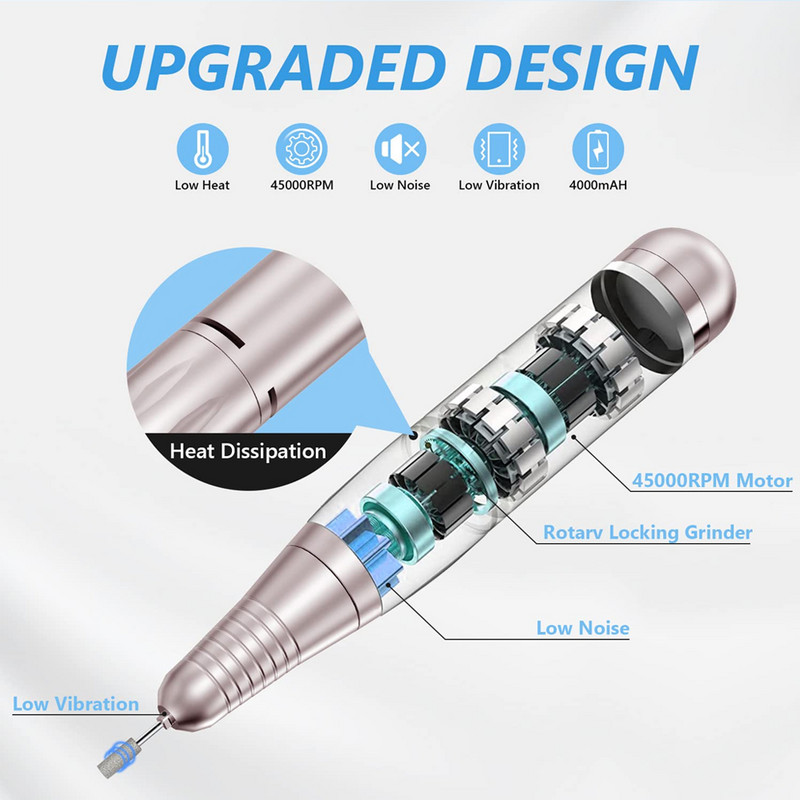 Elektromos körömfúró újratölthető 45000 fordulat/perc körömszűrő gép LCD kijelzővel 2 fordulattal akril köröm zselé manikűrhöz