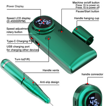 Ηλεκτρικό τρυπάνι νυχιών 45000RPM Επαγγελματικό μηχάνημα μανικιούρ Επαναφορτιζόμενο σετ λείανσης νυχιών Φορητό Εξοπλισμός βερνικιού σαλονιού νυχιών