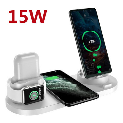6 viename belaidžio įkroviklio stovas 10 W / 15 W greito belaidžio įkrovimo stotelė, skirta Samsung Xiaomi Mi Huawei, skirta iPhone Apple Watch