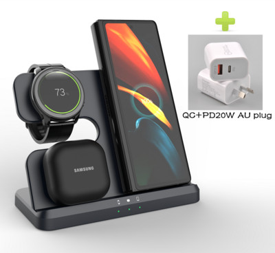 Trīs vienā lādētājs Samsung Galaxy Watch un Buds/Phones bezvadu uzlādes stacija pulkstenim 4/3 Active 2 Galaxy S22/S21/Note 20