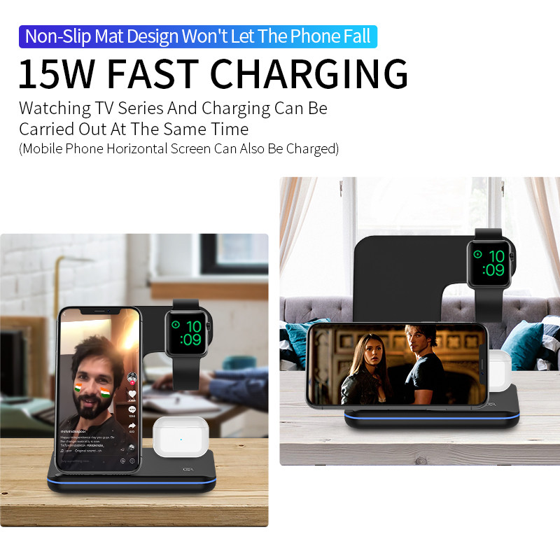 15 W greitas belaidis įkroviklis 3 viename įkrovimo stotelė, skirta iPhone 14 13 12 11 Pro XS Max XR X 8 Apple Watch 8 7 SE 6 AirPods