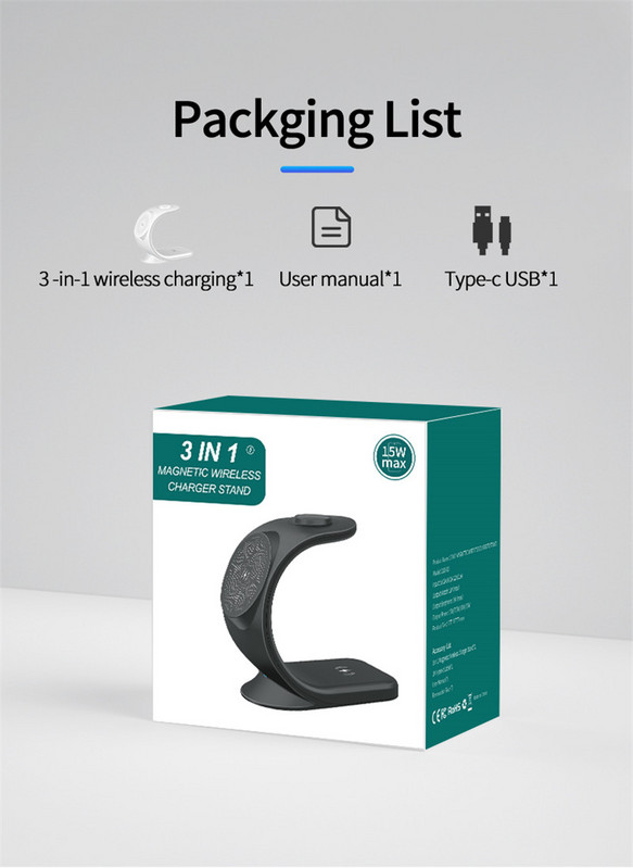 3 u 1 Magnetski brzi bežični punjač Stalak za punjenje za iPhone 13 12 Pro Max Apple Watch 7 6 5 SE Airpods 1 2 3 Magsafe-punjač