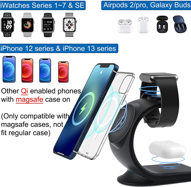 3 u 1 Magnetski brzi bežični punjač Stalak za punjenje za iPhone 13 12 Pro Max Apple Watch 7 6 5 SE Airpods 1 2 3 Magsafe-punjač