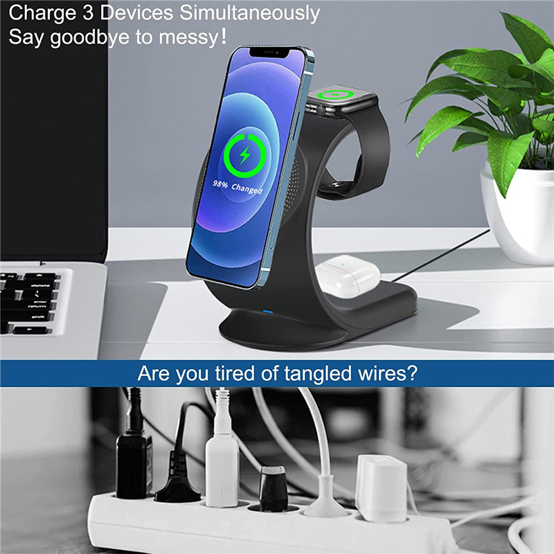 3 u 1 Magnetski brzi bežični punjač Stalak za punjenje za iPhone 13 12 Pro Max Apple Watch 7 6 5 SE Airpods 1 2 3 Magsafe-punjač