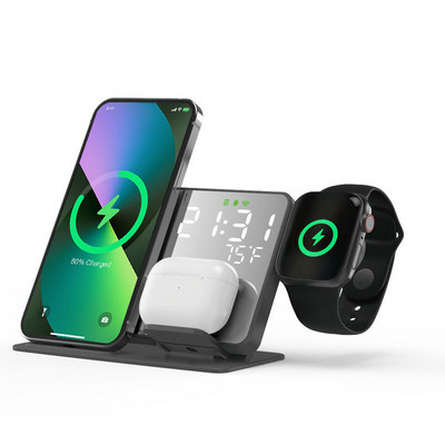 Încărcător fără fir 3 în 1 pentru iPhone 14 13 12 Pro Max 11 XS 15W Stație de andocare de încărcare rapidă Ceas cu alarmă digital cu LED de birou