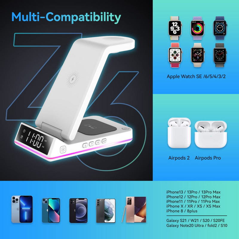 Încărcător rapid fără fir 15W pentru iPhone 13 12 Pro Max Mini 11 Apple Watch 3 în 1 Stație de andocare pliabilă de încărcare pentru Airpods Pro