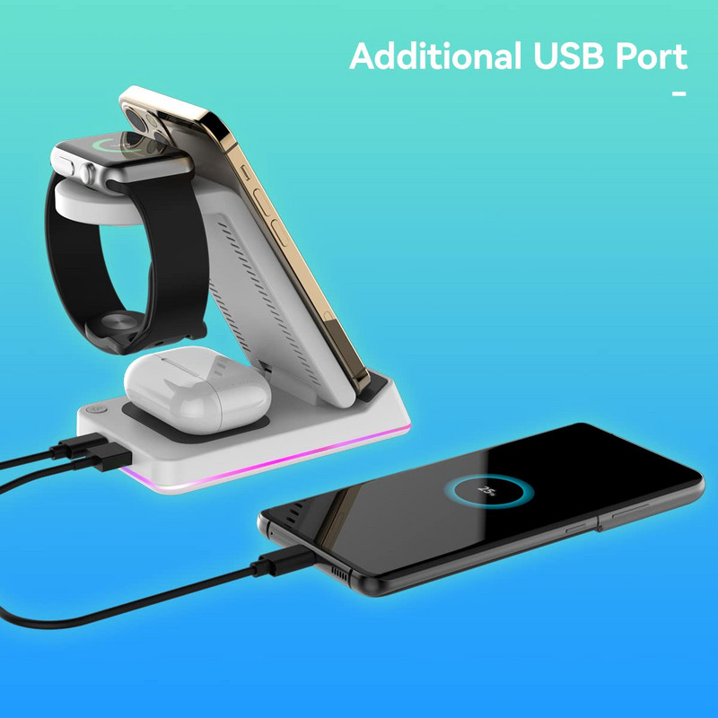 Încărcător rapid fără fir 15W pentru iPhone 13 12 Pro Max Mini 11 Apple Watch 3 în 1 Stație de andocare pliabilă de încărcare pentru Airpods Pro