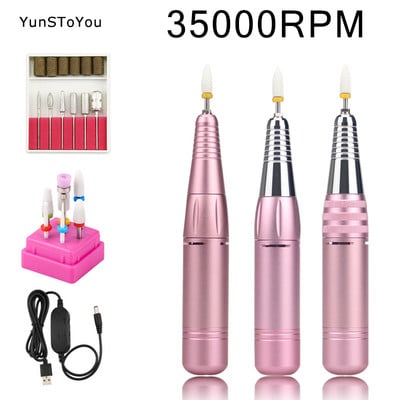 Машина за пробиване на нокти 35000 RPM Електрическа машина за маникюр USB преносима писалка за пробиване на нокти за фрезоване на файлове за гел лак Комплект битове