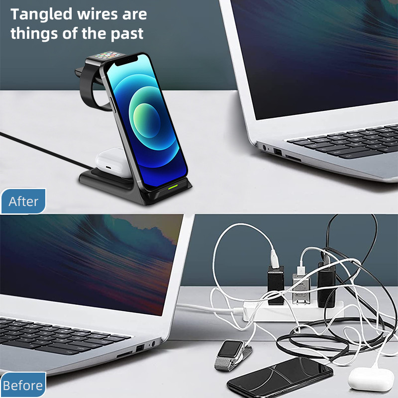 3 u 1 stalak za bežični punjač za iPhone 14 13 12 11 XS XR 8 Apple Watch Dock Station za brzo punjenje za Airpods Pro iWatch 7 6 5