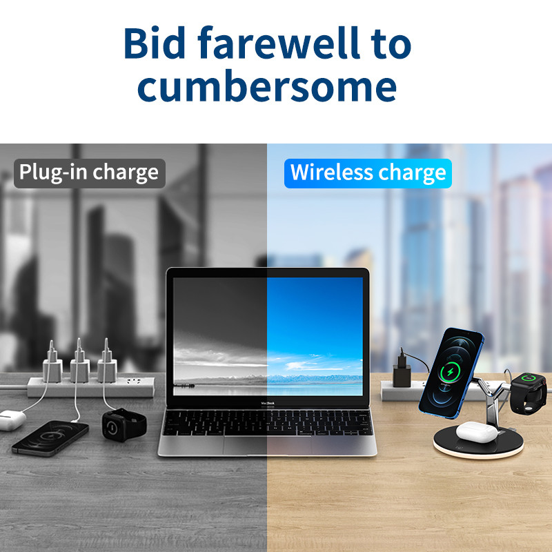 „3 viename“ belaidė įkrovimo stotis, skirta „Apple Magsafe“ magnetiniam greitojo įkroviklio stovui, skirta „iPhone 13/12“ serijos laikrodžių „Airpods“ su šviesos diodais