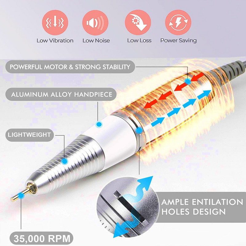 Nagų gręžimo staklės 35000 RPM belaidis elektrinis nagų lako valiklis Mini nagų dildės gręžimo mašina su LED ekranu Naudojimas namuose ir salone