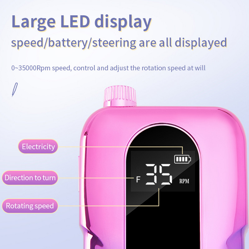 Nagų gręžimo staklės 35000 RPM belaidis elektrinis nagų lako valiklis Mini nagų dildės gręžimo mašina su LED ekranu Naudojimas namuose ir salone