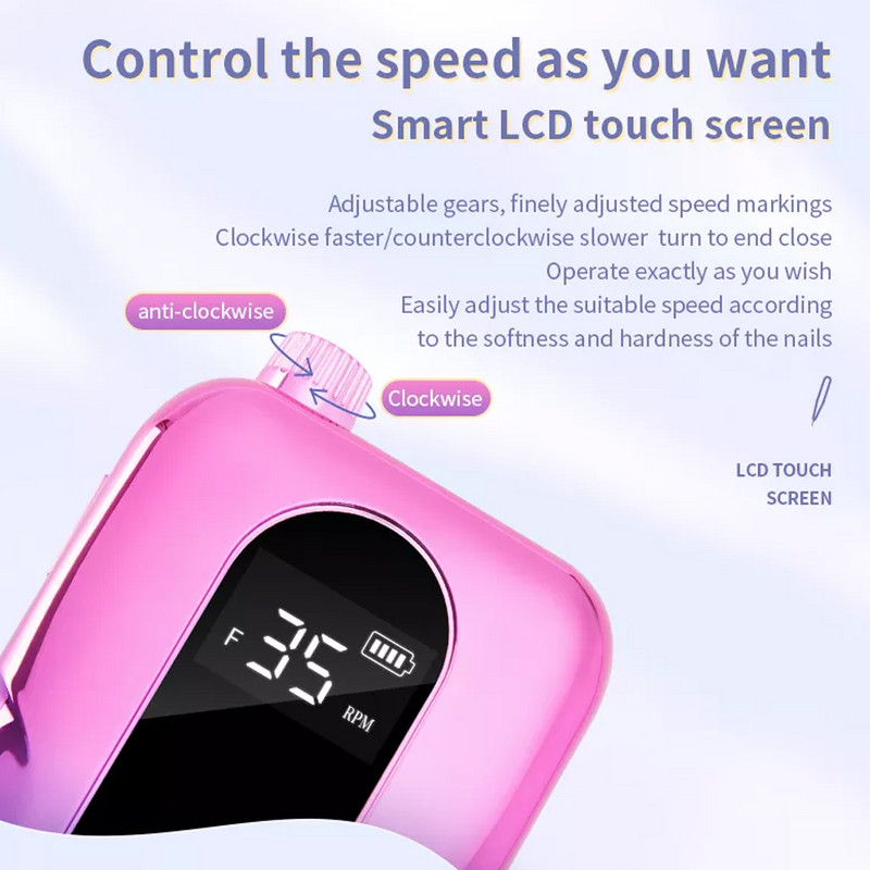 Nagų gręžimo staklės 35000 RPM belaidis elektrinis nagų lako valiklis Mini nagų dildės gręžimo mašina su LED ekranu Naudojimas namuose ir salone
