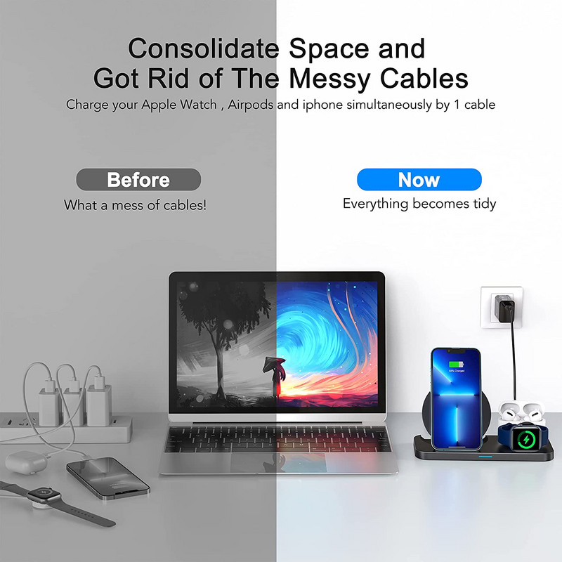 Suport pentru stație de andocare pentru încărcător fără fir 3 în 1 pentru iPhone 14 13 12 11 XS XR X 8 Apple Watch 8 7 6 SE Airpods 3 Pro Încărcare rapidă