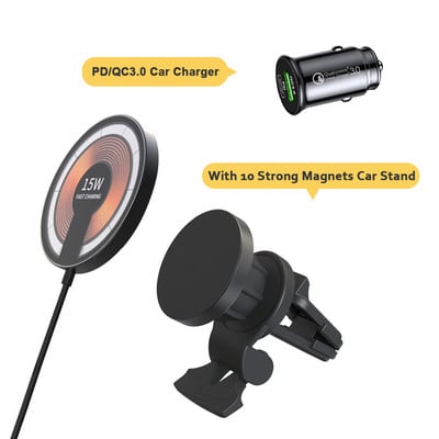 Padalinto dizaino magnetinis belaidis greitas įkroviklis su automobilinio telefono laikikliu, skirtas iPhone 14 Plus 13 12 Pro Max Magsafe įkrovimo magnetams 15W