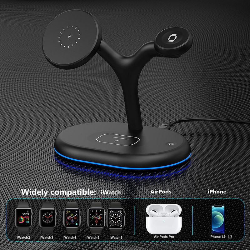 Trīs vienā magnētiskais bezvadu lādētāja statīvs 15 W ātrās uzlādes stacija priekš Magsafe iPhone 13 12 Pro Max Apple Watch SE 7 6 5 4 AirPods